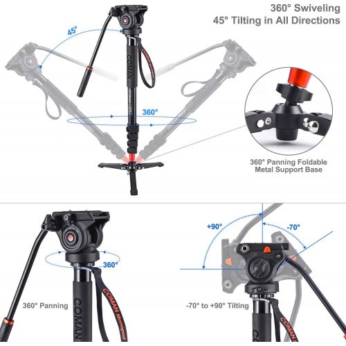  COMAN KX3232 Lightweight Aluminum Monopod Kit, with Q5 Fluid Head and Removable feet, 73 Inch Max Load 13.2 LB for DSLR and Video Cameras