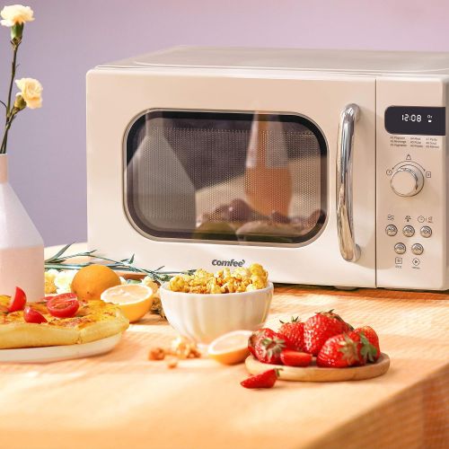  COMFEE Retro Countertop Microwave Oven with Compact Size, Position-Memory Turntable, Sound On/Off Button, Child Safety Lock and ECO Mode, 0.7Cu.ft/700W, Cream, AM720C2RA-A