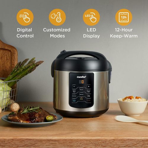  COMFEE Rice Cooker, 6-in-1 Stainless Steel Multi Cooker, Slow Cooker, Steamer, Saute, and Warmer, 2 QT, 8 Cups Cooked(4 Cups Uncooked), Brown Rice, Quinoa and Oatmeal, 6 One-Touch