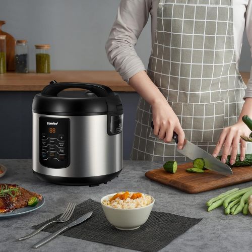  COMFEE Rice Cooker, 6-in-1 Stainless Steel Multi Cooker, Slow Cooker, Steamer, Saute, and Warmer, 2 QT, 8 Cups Cooked(4 Cups Uncooked), Brown Rice, Quinoa and Oatmeal, 6 One-Touch