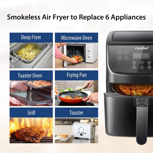  COMFEE 5.8Qt Digital Air Fryer, Toaster Oven & Oilless Cooker, 1700W with 8 Preset Functions, LED Touchscreen, Shake Reminder, Non-stick Detachable Basket, BPA & PFOA Free (110 ele