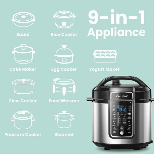  COMFEE’ 6 Quart Pressure Cooker 12-in-1, One Touch Kick-Start Multi-Functional Programmable Slow Cooker, Rice Cooker, Steamer, Saute pan, Egg Cooker, Warmer and More