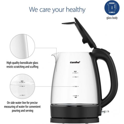  [아마존베스트]COMFEE Glass Electric Tea Kettle & Hot Water Boiler(BPA-Free), 1.7L, Cordless with LED Indicator, 1500W Fast Boil, Auto Shut-Off and Boil-Dry Protection