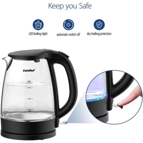  [아마존베스트]COMFEE Glass Electric Tea Kettle & Hot Water Boiler(BPA-Free), 1.7L, Cordless with LED Indicator, 1500W Fast Boil, Auto Shut-Off and Boil-Dry Protection