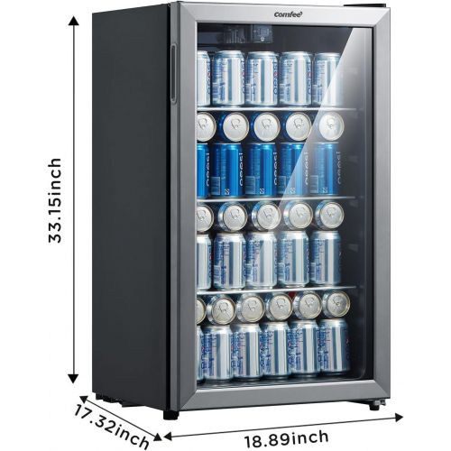  [아마존베스트]Comfee 115-120 Can Beverage Cooler/Refrigerator, 115 cans capacity, mechanical control, glass door with stainless steel frame,Glass shelves/adjustable legs for home/apartment