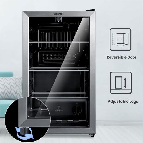  [아마존베스트]Comfee 115-120 Can Beverage Cooler/Refrigerator, 115 cans capacity, mechanical control, glass door with stainless steel frame,Glass shelves/adjustable legs for home/apartment