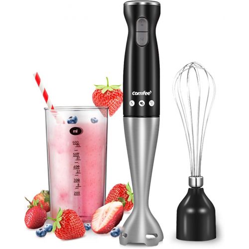  COMFEE Immersion Hand Blender, Brushed Stainless Steel, 2-Speed, Multipurpose Stick Blender with 200 Watts, 600ml Mixing Beaker and Whisk, Perfect for Baby Food, Smoothies, Sauces