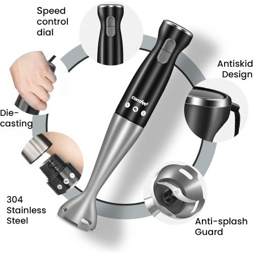  COMFEE Immersion Hand Blender, Brushed Stainless Steel, 2-Speed, Multipurpose Stick Blender with 200 Watts, 600ml Mixing Beaker and Whisk, Perfect for Baby Food, Smoothies, Sauces