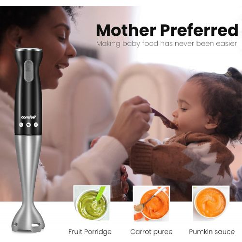  COMFEE Immersion Hand Blender, Brushed Stainless Steel, 2-Speed, Multipurpose Stick Blender with 200 Watts, 600ml Mixing Beaker and Whisk, Perfect for Baby Food, Smoothies, Sauces
