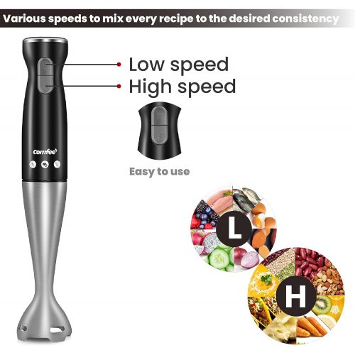  COMFEE Immersion Hand Blender, Brushed Stainless Steel, 2-Speed, Multipurpose Stick Blender with 200 Watts, 600ml Mixing Beaker and Whisk, Perfect for Baby Food, Smoothies, Sauces