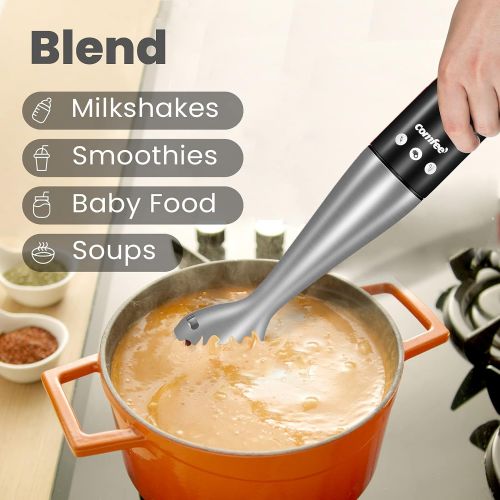  COMFEE Immersion Hand Blender, Brushed Stainless Steel, 2-Speed, Multipurpose Stick Blender with 200 Watts, 600ml Mixing Beaker and Whisk, Perfect for Baby Food, Smoothies, Sauces