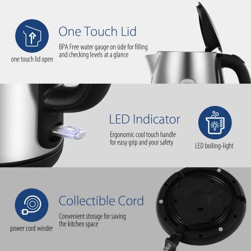  COMFEE Stainless Steel Cordless Electric Kettle. 1500W Fast Boil with LED Light, Auto Shut-Off and Boil-Dry Protection. 1.7 Liter