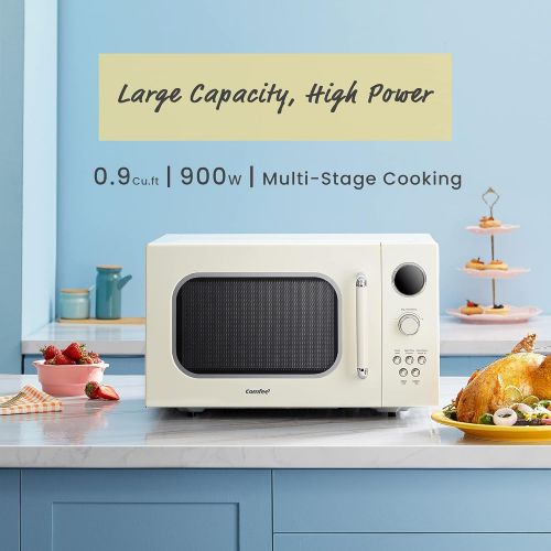  COMFEE CM-M092AAT Retro Microwave with 9 Preset Programs, Fast Multi-stage Cooking, Turntable Reset Function Kitchen Timer, Mute Function, ECO Mode, LED digital display, 0.9 cu.ft,