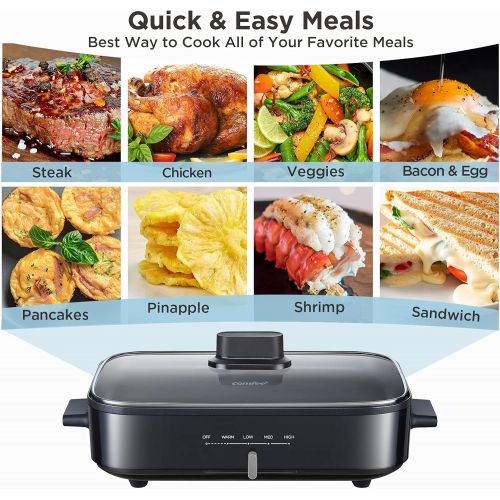  COMFEE 12-inch Multi-Functional Electric Skillets with Temperature Control, Rapid Heat Up, Easy to Clean, Non-stick Detachable Electric Griddle for Roast, Fry, Saute, Steam or Buff