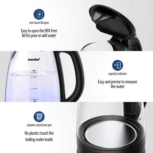  [아마존베스트]COMFEE Glass Electric Tea Kettle & Hot Water Boiler(BPA-Free), 1.7L, Cordless with LED Indicator, 1500W Fast Boil, Auto Shut-Off and Boil-Dry Protection