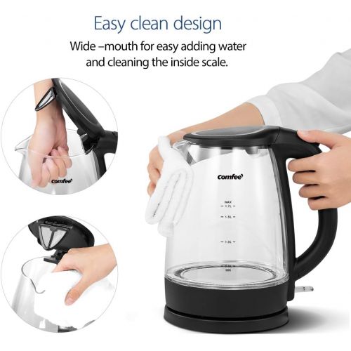  [아마존베스트]COMFEE Glass Electric Tea Kettle & Hot Water Boiler(BPA-Free), 1.7L, Cordless with LED Indicator, 1500W Fast Boil, Auto Shut-Off and Boil-Dry Protection