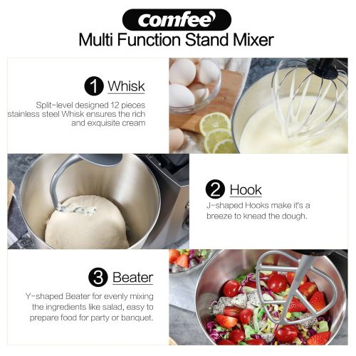  COMFEE Comfee 4.75Qt ABS Housing 7-in-1 Multi Functions Tilt-Head Stand Mixer with SUS Mixing Bowl. 4 Outlets with 7 Speeds & Pulse Control and 15 Minutes Timer Planetary Mixer