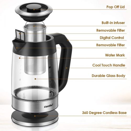  COMFEE Electric Teapot Kettle with Tea Infuser, Temperature Control Glass Water Heater Boiler, 1.7 Liter, 1500W, FDA & UL Approved by Comfee
