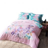 COMFORTEX Floral Duvet Cover Set, Classical Excellent Pure Cotton Girl Flower Pattern Bedding Set 4-Piece（1 Duvet Cover, 1 Flat Sheet, 2 Pillowcases） Soft Comfortable Colorful Bedc