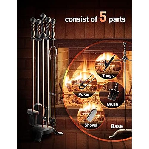  COMFYHOME 5-Piece Fireplace Tools Set 32, Heavy Duty Wrought Iron Fire Place Tool w/Long Fire Poker, Shovel, Tongs, Brush, Stand for Outdoor Indoor Chimney,Stove, Fire Pit Easy to