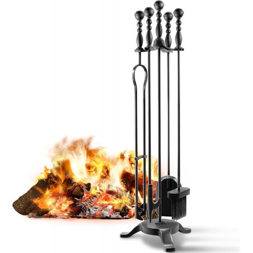  COMFYHOME 5-Piece Fireplace Tools Set 32, Heavy Duty Wrought Iron Fire Place Tool w/Long Fire Poker, Shovel, Tongs, Brush, Stand for Outdoor Indoor Chimney,Stove, Fire Pit Easy to