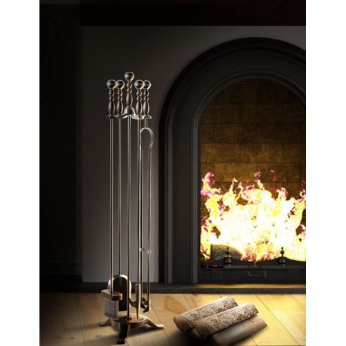  COMFYHOME 5-Piece Fireplace Tools Set 32, Heavy Duty Wrought Iron Fire Place Tool w/Long Fire Poker, Shovel, Tongs, Brush, Stand for Outdoor Indoor Chimney,Stove, Fire Pit Easy to