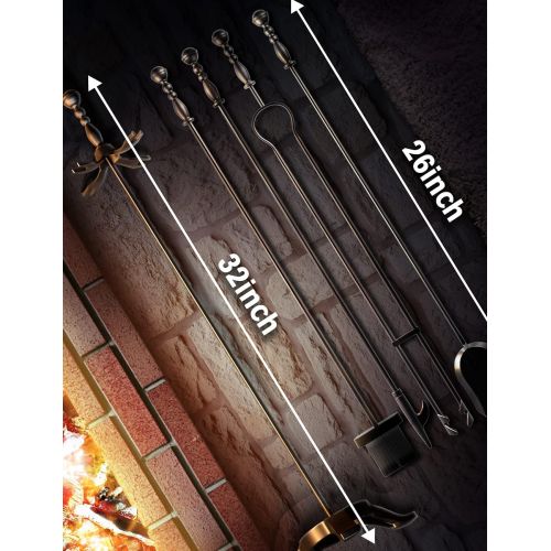  COMFYHOME 5-Piece Fireplace Tools Set 32, Heavy Duty Wrought Iron Fire Place Tool w/Long Fire Poker, Shovel, Tongs, Brush, Stand for Outdoor Indoor Chimney,Stove, Fire Pit Easy to