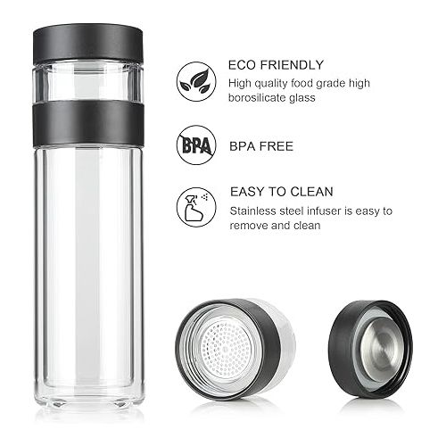  COMI Tea Bottle, Tea Bottle with Infuser Double Wall High Borosilicate Glass with Strainer & Infuser for Loose Tea Infusion Tea Bottle 14 Ounce 400ml-Black