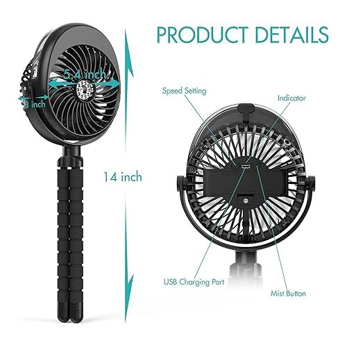  COMLIFE Misting Baby Stroller Fan, 270° & 360° Pivoting Portable Fan, Battery Operated USB Fan, Handheld Misting Fan, with Flexible Tripod Clip on Car Seat Crib Bike Treadmill Bunk Bed