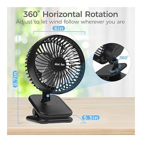  6'' Clip On Fan,10000mAh Battery Operated Desk Fan,360° Rotation Stroller Fan,Max 53H Working Time Rechargeable USB Fan,4 Speeds Personal Fan with Sturdy Clamp for Golf Cart Office Outdoor Treadmill