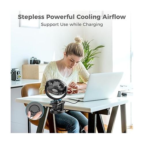  F170 Clip On Fan - Auto Rotation Personal Fan - 5000 mAh Battery Operated Fan, USB Desk Fan Stepless Speeds Control, Powerful Airflow for Hurricane, Camping, Office, Car