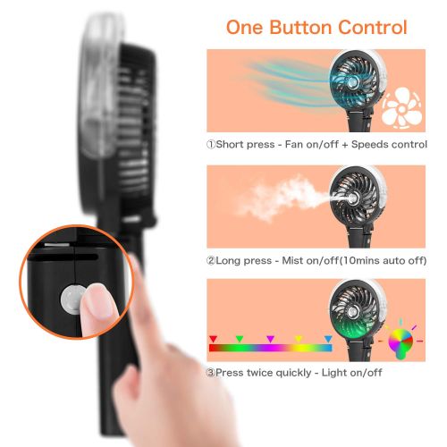  COMLIFE Handheld Misting Fan Portable Hand Fan-Mini Rechargeable Battery Operated Fan, Foldable Personal Travel Fan with Cooling Humidifier and Colorful Nightlight for Camping, Office, Out