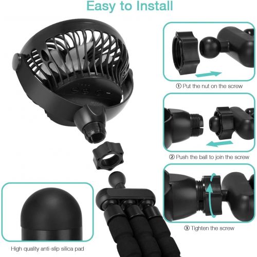  [아마존베스트]Comlife Portable USB fan, quiet hand fan with flexible tripod, 2600 mAh battery, 3 speeds, 360° rotation, 12 LED lamps, clip fan for pram, car seat, tent etc.