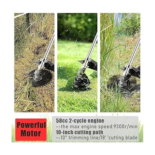  COOCHEER 58CC Weed Wacker Gas Powered 2-Cycle Gas Weed Eater 4 in 1 Brush Cutter 18-Inch Straight Shaft Cordless String Trimmer with 4 Detachable Heads for Lawn/Garden Care-Red
