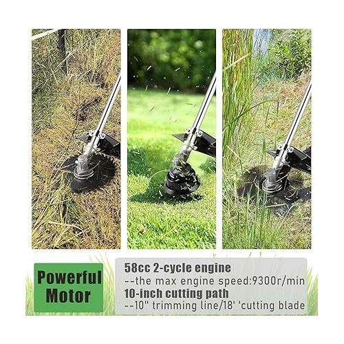  COOCHEER 58CC Weed Wacker Gas Powered 2-Cycle Gas Weed Eater 4 in 1 Brush Cutter 18-Inch Straight Shaft Cordless String Trimmer with 4 Detachable Heads for Lawn/Garden Care-Green