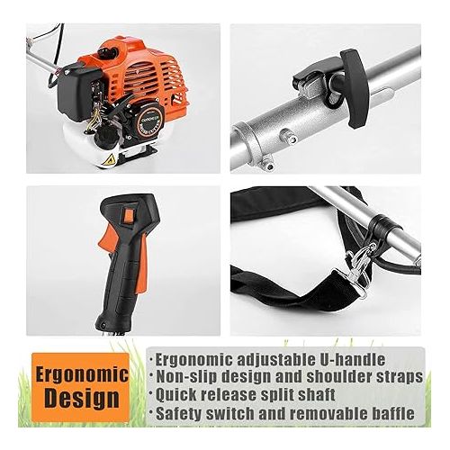  COOCHEER 58CC Weed Wacker Gas Powered 2-Cycle Gas Weed Eater 4 in 1 Brush Cutter 18-Inch Straight Shaft Cordless String Trimmer with 4 Detachable Heads for Lawn/Garden Care-Orange