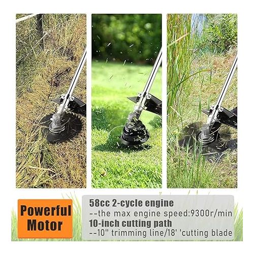  COOCHEER 58CC Weed Wacker Gas Powered 2-Cycle Gas Weed Eater 4 in 1 Brush Cutter 18-Inch Straight Shaft Cordless String Trimmer with 4 Detachable Heads for Lawn/Garden Care-Orange