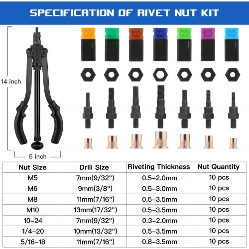  [아마존 핫딜] COOCHEER Rivet Nut Tool, 14 Auto Pumping Rod Rivet Nut Setter Kit, 70Pcs Rivnuts, 7Pcs Metric & SAE Mandrels (M5, M6, M8, M10, 10-24, 1/4-20, 5/16-18), Coocheer