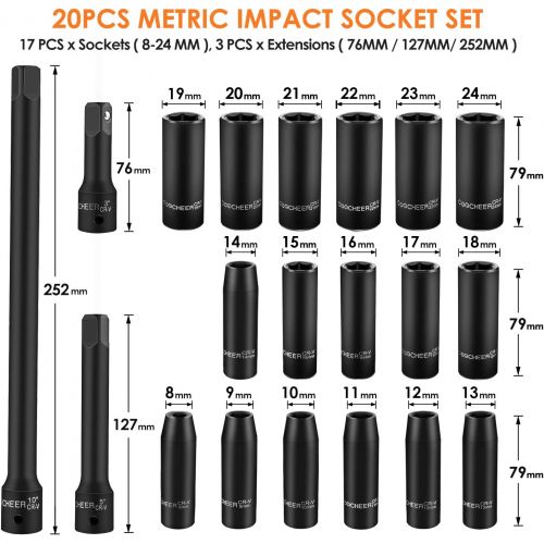  [아마존 핫딜] COOCHEER 1/2 Inch Drive Metric Deep Impact Socket Set, 20-Piece Sockets with Extensions, CR-V, 8-24 mm, 6-Point, Coocheer