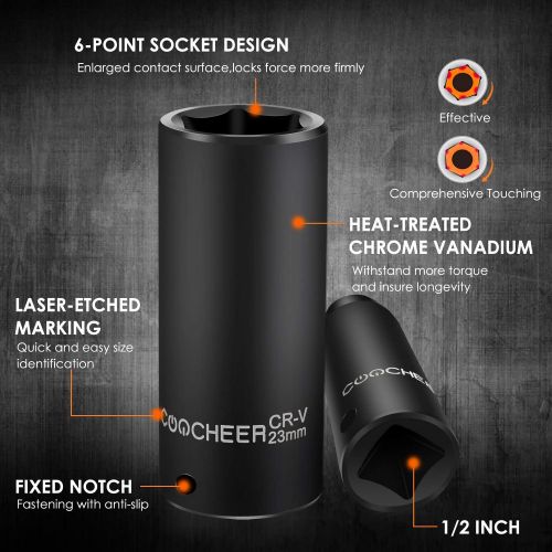  [아마존 핫딜] COOCHEER 1/2 Inch Drive Metric Deep Impact Socket Set, 20-Piece Sockets with Extensions, CR-V, 8-24 mm, 6-Point, Coocheer