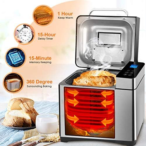  COOCHEER Brotbackautomat 710W Backmeister mit Automatische Zutatenbox, 19 Programme, Edelstahl Bread Maker Vollautomatische fuer 500-1000g mit 15 Stunden Timing-Funktion, Sichtfenster, Silbe