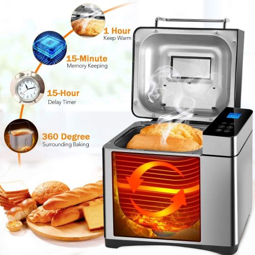  COOCHEER Brotbackautomat 19 Backprogramme,3 verschiedene Braunungsgrade,Timing-Funktion,500-1000g Brotgewicht,Brotbackmaschine mit Automatische Zutatenbox und LED Bildschirm,710W