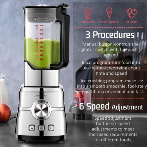  Blender Smoothie Maker, COOCHEER 1800W Blender for Shakes and Smoothies with High-Speed Professional Stainless Countertop, Variable speeds Control, 6 Sharp Blade, 2L BPA Free Trita