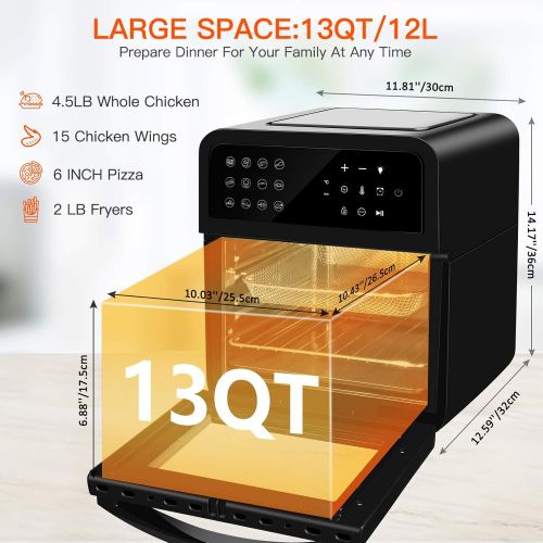  COOCHEER 13 Quart Air Fryer Toaster Oven Combo, 12-In-1 Multifunctional Intell Small Air Fryer Cooker, For Baking, Roasting and Dehydrating, Digital LCD Touch Screen, Nonstick Basket, Acces