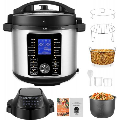  COOCHEER 17-in-1 Pressure Cooker, 6QT Electric Pressure Cooker Air Fryer Combo, 1500W Instapot with Dual Control Panel/Two Detachable Lids for Steamer Slow Cooker Air Fryer Broil Dehydrate,