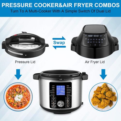  COOCHEER 17-in-1 Pressure Cooker, 6QT Electric Pressure Cooker Air Fryer Combo, 1500W Instapot with Dual Control Panel/Two Detachable Lids for Steamer Slow Cooker Air Fryer Broil Dehydrate,