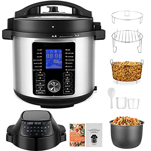  COOCHEER Pressure Cooker Air Fryer, 6QT 1500W 17-in-1 Air Fryer Electric Pressure Cooker Combo, Dual Control Panel/Two Detachable Lids for Steamer, Slow Cooker, Multi-Cooker, and More, Incl