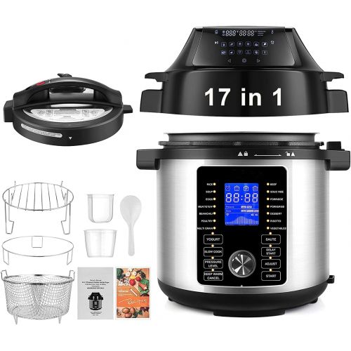  COOCHEER 17-in-1 Instapot Pressure Cooker, 6QT Electric Pressure Cooker Air Fryer Combo, 1500W Slow Cooker with Air Fryer Lid/Dual Control Panel/Luxury Accessories for Roast, Dehydrate, Ric