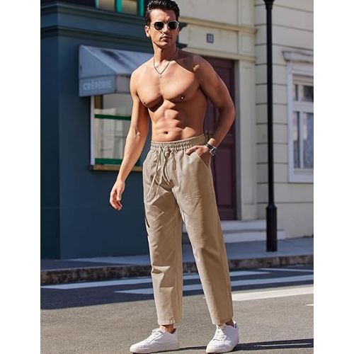  COOFANDY Mens Linen Casual Pants Lightweight Drawstring Beach Pants Elastic Waist Yoga Summer Trousers