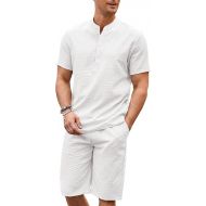 COOFANDY Men's 2 Pieces Linen Set Casual Henley Shirts Short Sleeve Beach Yoga Shorts Summer Pants Outfits